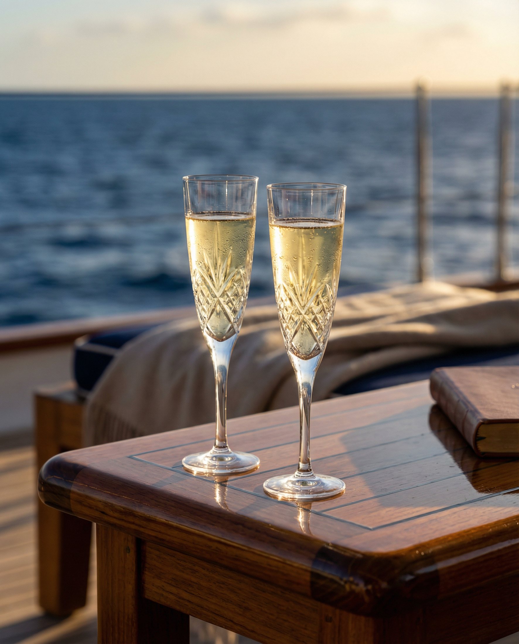 Champagne served beside the sea during a charter